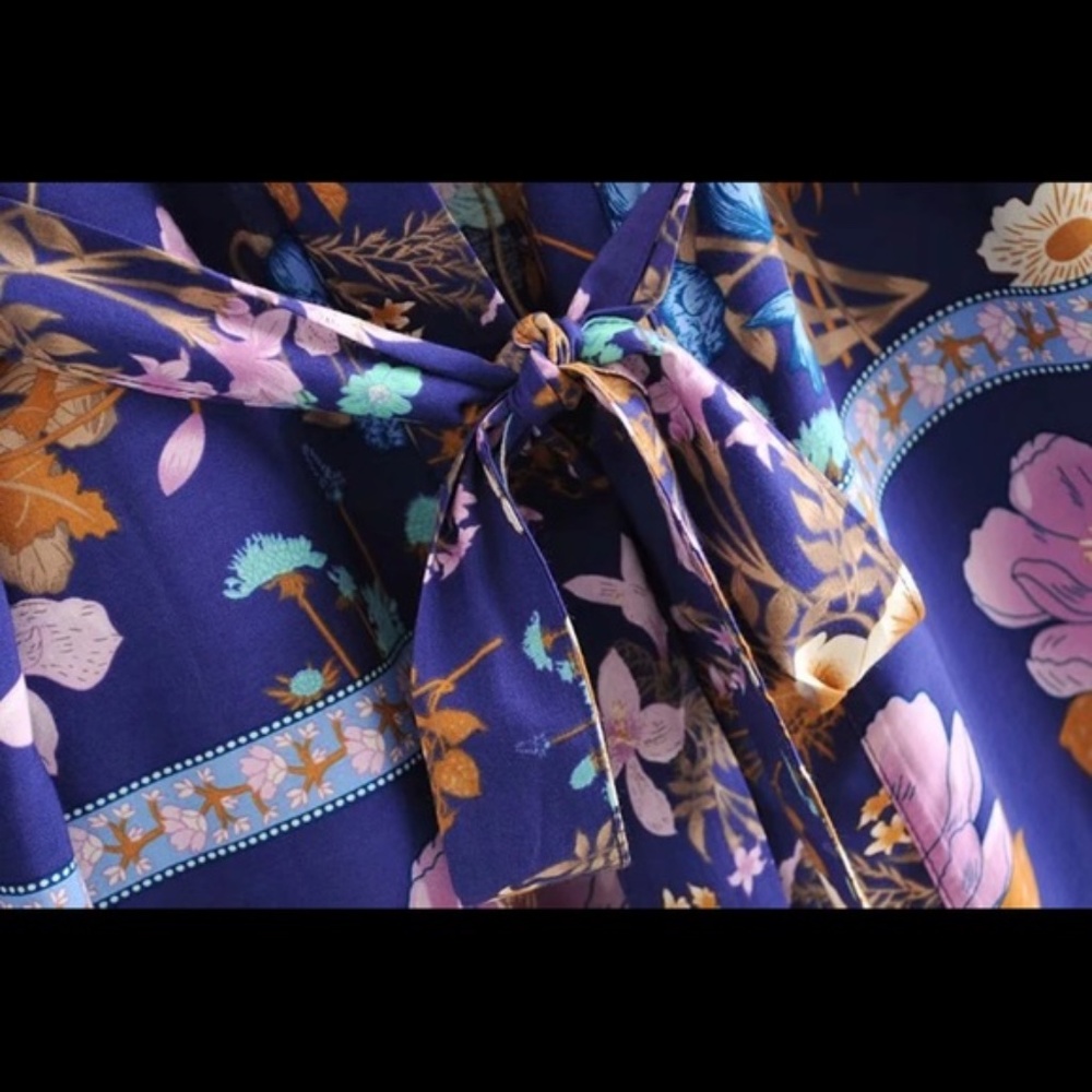 Boho Floral Print Kimono Belted Beach Cover up - Picture 12 of 14
